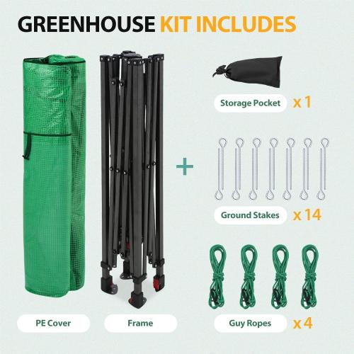 EAGLE PEAK 8x6 Portable Walk in Greenhouse, Pop Up Indoor Outdoor Greenhouse, Green House Kit with Zippered Roll-Up Doors and Windows, PE Cover, Clear/Green