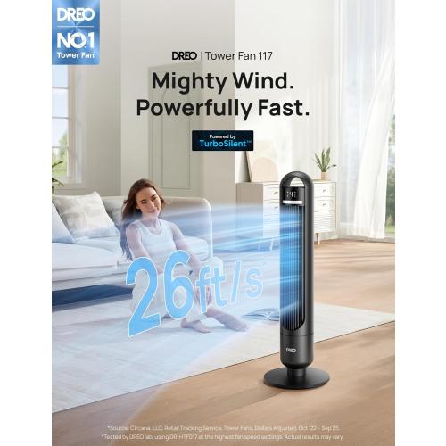 DREO Tower Fan for Bedroom, 90° Oscillating Standing Fans for Room with 4 Speeds, 3 Modes, 28dB Quiet for Sleep, 26ft/s Velocity, 8H Timer, Remote, Living Room, Office, Home, Black