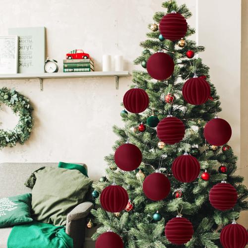 Syhood 4 Pcs 6 Inch Velvet Christmas Balls Large Velvet Ornaments Balls Xmas Tree Decorations Hanging Flocked Ornaments for Christmas Tree Home Garland Holiday Party Decor (Burgundy)