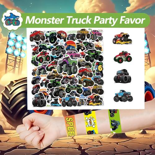 CZWXOXO 74Pcs Monster Car Theme Favors Contain 24 Pcs Slap Bracelets 50Pcs Stickers,Monster Car Theme Birthday Party Decorations,Classroom Rewards Supplies.
