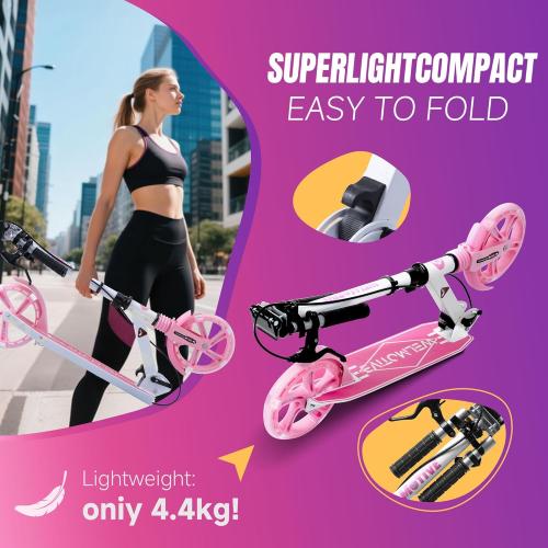 Color Pink Kick Scooter for Kids Ages 8  Teens & Adults, with Front handbrake and Rear Brake, and Adjustable Handlebars, Big Sturdy PU Flash Wheels Great Gift & Toy