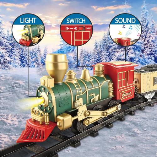 JUQU Electric Train Set for Kids Ages 3-8 – Battery Operated Toy Train with Lights, Sounds, 3 Cars & 10 Tracks, Classic Christmas Tree Train Set for Under or Around Tree