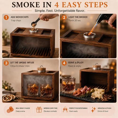 Bon Apperoo™ 2-Glass Culinary Smoker Box with Torch - Portable Cold Food and Cocktail Infuser - Indoor Whiskey and Bourbon Smoking Kit - Ideal for Drinks and Charcuterie - Butane Not Included