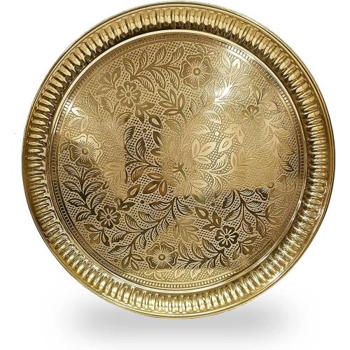 Craftsman 10 Inch Pure Brass Floral Design Pooja Aarti Thali Plate for Mandir, Temple, Indian Festival, Diwali, Aarti Platter for Prayer, Wedding Gift