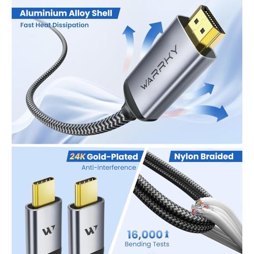 Warrky 4K 60Hz USB C to HDMI Cable 3.3ft [Anti-Interference Gold-Plated Plugs] Aluminum Type-C to HDMI 2.0 Cord, Thunderbolt 3/4/5 Compatible for iPhone 15/16 Series, MacBook, iMac, iPad Pro, Galaxy