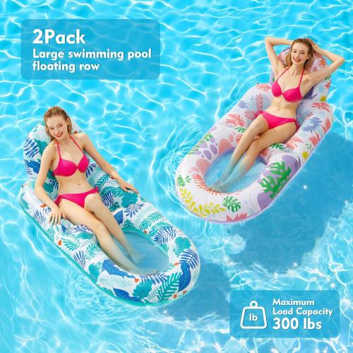 2 Pack Pool Floats Adult Heavy Duty-Adult Pool Float Lounger with Cup Holders, Backrest & Footrest Pool Lounge Float Pool Floaties Rafts for Beach Lake Party(Pink, Blue)