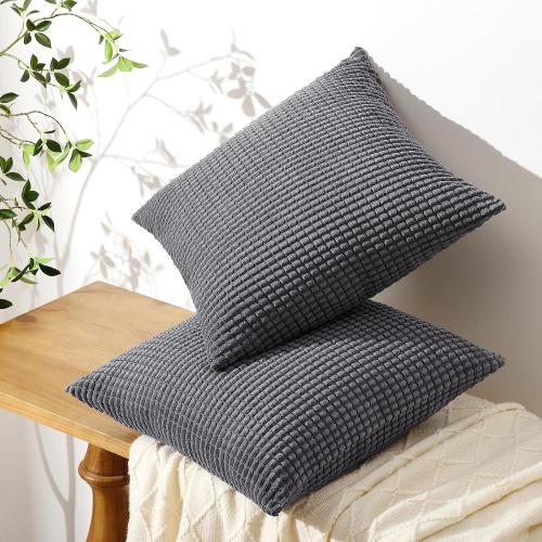 Softalker Throw Pillow Covers 18x18 Inch, Set of 2, Soft Corduroy Boho Stripe Decorative Pillow Cover, Couch Fluffy Pillow Cover for Farmhouse Home Decor Bed Living Room, Dark Grey