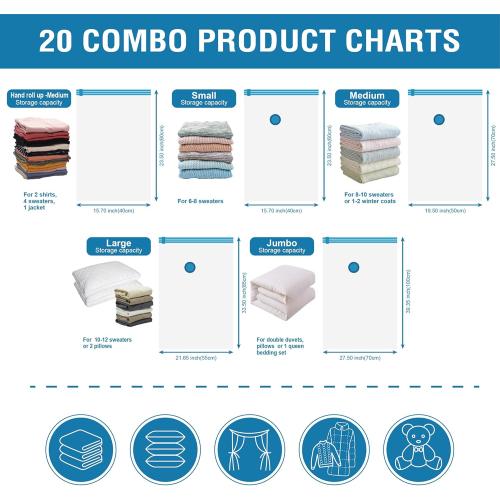 20 Pack Vacuum Storage Bags, Space Saver Bags (4 Jumbo/4 Large/4 Medium/4 Small/4 Roll) Compression for Comforters and Blankets, Sealer Clothes Storage, Hand Pump Included