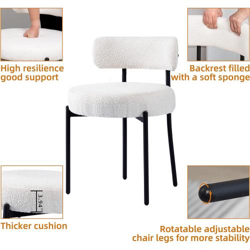 DYHOME White Boucle Dining Chairs Set of 2, Mid Century Modern Kitchen Chairs, Upholstered Dining Room Chairs with Curved Backrest and Black Metal Legs