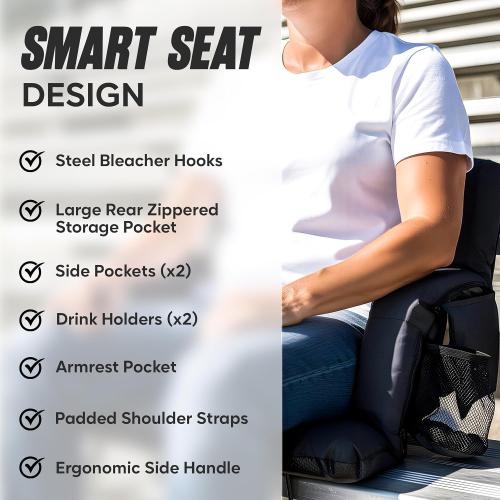BRAWNTIDE Stadium Seat for Bleachers with Back Support - Wide Padded Reclining Bleacher Seat, Portable Folding Stadium Chair with Armrests, Hooks, Straps, Cup Holders & Pockets (Black, 21, 2 Pack)
