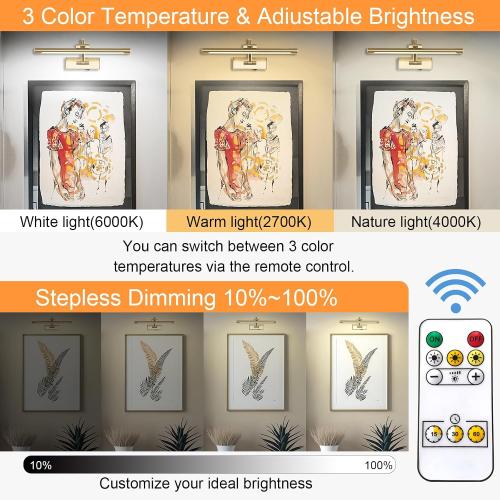 Tassuowell Wireless Picture Lights for Wall Rechargeable, Battery Operated Art Light for Paintings, 3CCT Dimmable, 15.7 Brass Finish with Remote, Rotatable Gallery Light for Pictures Display