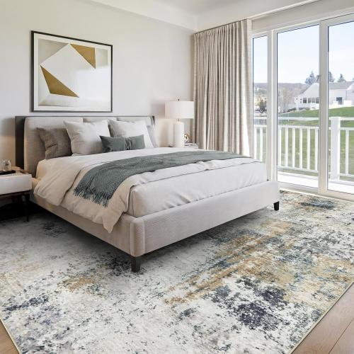 Washable Area Rugs for Living Room 9x12 - Large Neutral Modern Abstract Rug, Soft Low Pile Carpet with Non Slip Backing for Under Dining Room Table, Bedroom, Home, Office, Dorm - Green Yellow