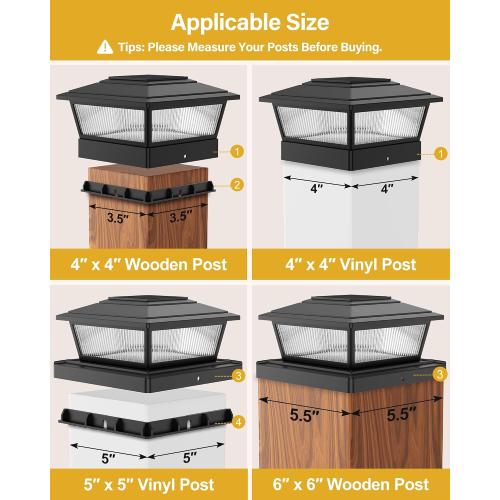 KEILAIMO Solar Post Cap Lights Outdoor 12 Pack Fence Post Solar Lights with Flickering Flame & Warm Modes for Deck/Garden/Patio, IP65 Waterproof - Black