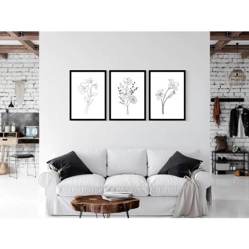 Framed canvas black and white floral wall art three-piece set, decorative painting, simple plant poster, line drawing, flower print, painting decoration suitable for living room and bedroom 16x24 inches.