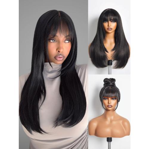 GORGIUS Layered Wigs with Bangs Ready to Go Straight Wig with Bangs 22 Inch Put On Go Black Bang Wigs Crafted with Style-Archive Synthetic Fiber Natural Pre-Plucked Hairline