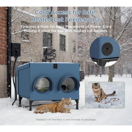Outdoor Cat Feeding Shelter for Feral & Stray Cats, Insulated Dining Room with Slanted Roof & Double Feed Hole, Connects to PELUOMOZ Cat Houses, Windproof & Weatherproof – Navy Blue, 16×12×15.5