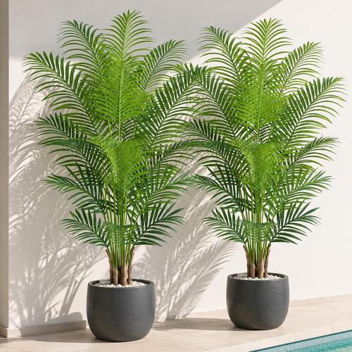 5ft Artificial Palm Tree Indoor Plant Tall Fake Tropical Paradise Palm Tree in Pot with Real Bark Design Faux Areca Palm Tree for Home Office Living Room Bedroom Farmhouse Modern Decor 2pcs