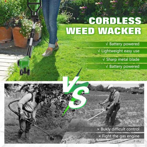 Green Electric Weed Wacker Eater Cordless, Weed Wacker Battery Powered, Weed Trimmer with 2X 2.0Ah Battery Operated & 25 Blades & Wheels, 3 in 1 No-String Grass Trimmer/Brush Cutter/Edger for Garden Yard