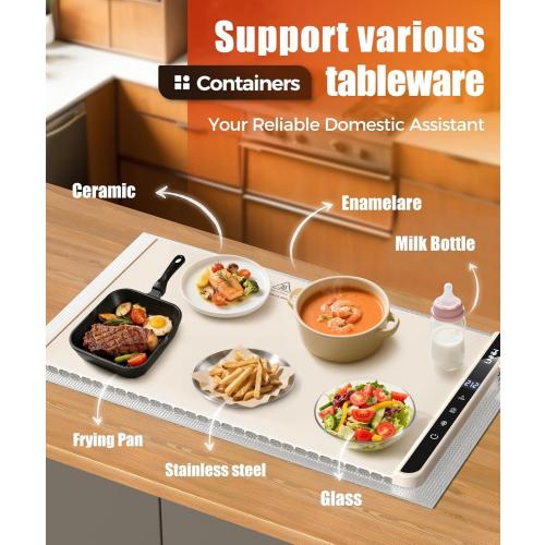 Food Warming Mat with Heat-Resistant Pad, 26X15 Inch, 6-Level Temp 6-Hour Timer, Child Lock Safety,Food Warmer Chafing Dishes for Buffet.