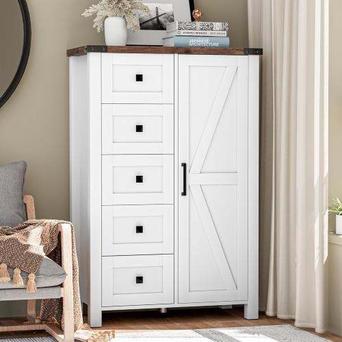 Dresser Storage Cabinet Chest of Drawer for Bedroom, with Barn Door, White Wood Dresser, Adjustable Shelves, Rustic, for Living Room, Entryway, Hallway