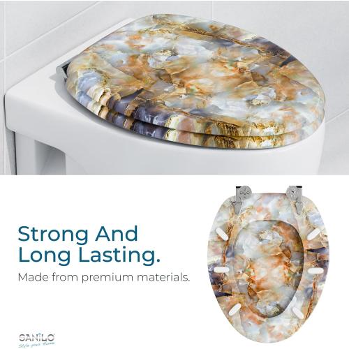 SANILO Wooden Toilet Seat with Soft Close [ELONGATED] - Decorative, Quiet & Slow Close Molded Wood Seat - With Strong Bumpers & Hinges - Adjustable Fit - Marble Brown