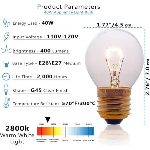 Oven Light Bulb – 40 Watt Appliance Replacement Bulbs for Oven, Stove, Refrigerator, Microwave. Incandescent - High Temp G45 E26/E27 Socket -Warm White - 400 Lumens - Clear.2 Pack