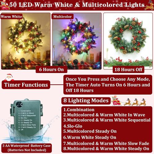 24 Inch Lighted Christmas Wreaths for Front Door, Christmas Wreath Outdoor with Pinecones Berried 50 Warm White & Multicolor Lights 8 Modes Timer Norfolk Pine Wreath Xmas Wreaths for Home Wall Window