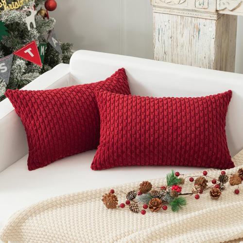Kevin Textile Valentines 12x20 Inch Pillow Cover 1 Pack Boho Decorative Soft Striped Corduroy Lumbar Farmhouse Color Accent Rectangle Cushion Case for Living Room Couch Sofa Bed, Burgundy