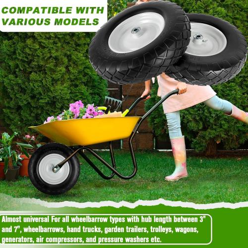 4.80/4.00-8 Tire and Wheel, 16 Flat Free Solid Wheelbarrow Tire with 5/8&3/4 Bearings 3 Hub, 14-16 Universal Fit Wheelbarrow Tires for Hand Truck/Garden Trailer/Trolley/Wagons