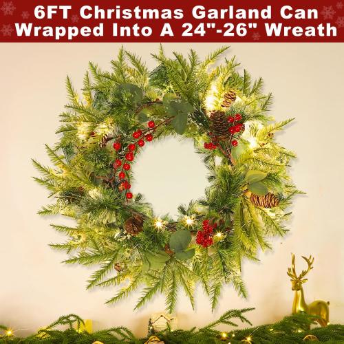 Prelit & Timer - 6FT Christmas Garland with Lights, Real Touch Norfolk Pine Garland Green Cedar Garlands Pine Needle Cypress Leaves Pinecone Red Berries Lighted Garland for Fireplace Table Xmas Decor