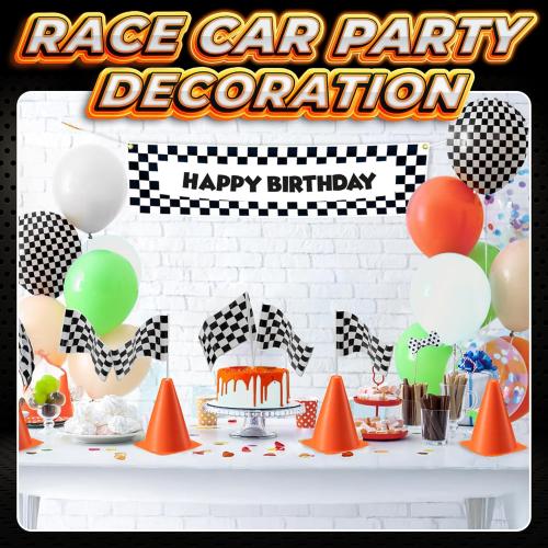 Bedwina Race Car Birthday Party Decorations - (36 Pcs) 12 - 8-Inch Orange Mini Cones for Kids & 24 Black & White Checkered Flags on Sticks - Race Car Themed Birthday Party Decor & Centerpiece Supplies