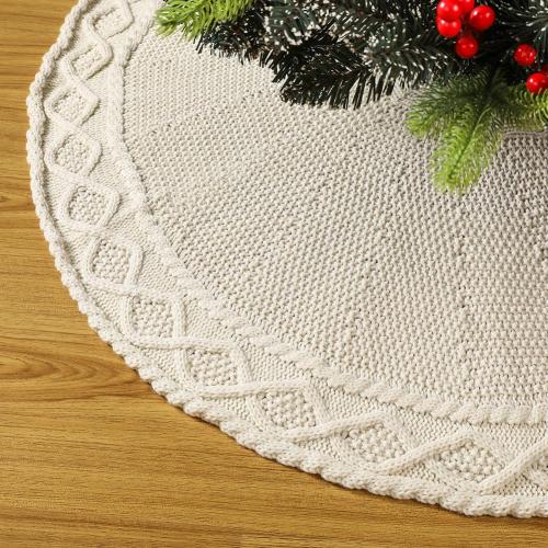Sattiyrch Knit Christmas Tree Skirt – Classic Cable Knit Tree Base Wrap with Tie Closure – Cozy Holiday Décor for 7.5–9 ft Christmas Tree (White,48in)