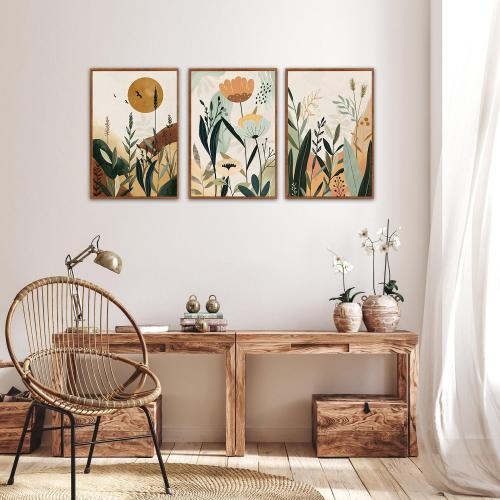 KAIRNE Neutral Floral Wall Art Set of 3,Framed Abstract Prints,Vintage Colorful Flower Canvas,Boho Botanical Artwork,Minimalist Farmhouse Decor for Living Room Bedroom Kitchen Office,16X24 inch
