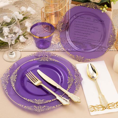 700PCS Clear Purple Plastic Plates for 100 Guests, Disposable Plate with Gold Trim include 100 Dinner plates, 100 Dessert Plates, 100 Gold Silverware, Cups and Napkins for Party, Graduation