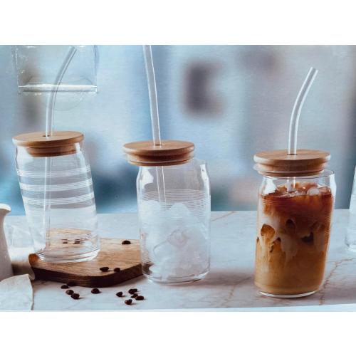 Mikasa Set of 4 Glass Tumbers with Bamboo Lid and Straws for iced tea, iced coffee, cocktail drinks, juices and beverages