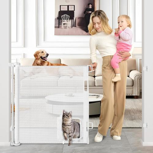 WHITE Retractable Baby Gate with Cat Door 55 Wide Retractable Baby Gate for Stairs Mesh Baby Gate with Pet Door Retractable Dog Gate for The House Retractable Pet Gate with Door Safety Gates for Toddlers