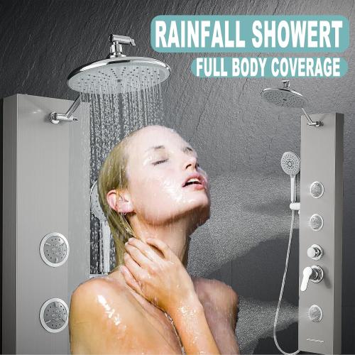 Shower Panel Tower System with Adjustable Shower Head, Self-Cleaning Shower Tower with 2-Setting Powerful Body Jets and 5-Function Handheld Shower, Shower Column Brushed Stainless Steel