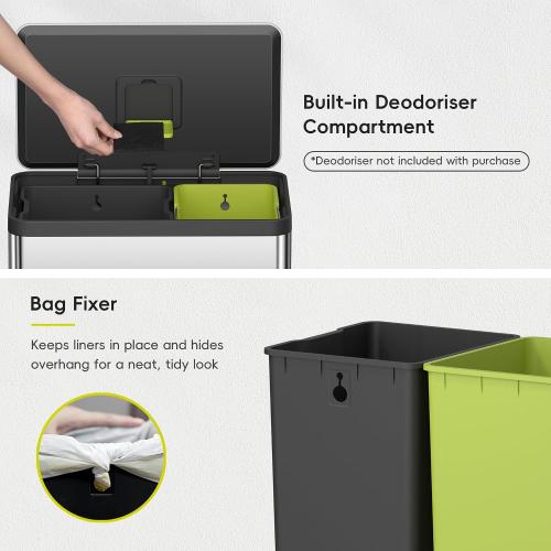 EKO EcoCasa II 36L 24L Dual Trash Can with Recycle Bin, Stainless Steel Garbage Can with Lid, Deodorizer Compartment, Odor-Proof and Fingerprint Resistant