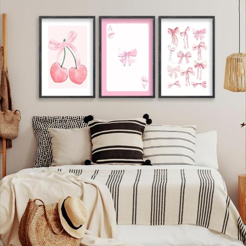 flowtorely Set Of 3 Trendy Pink Bows Poster Wall Art 24x16 Inch Girly Preppy Room Watercolor Aesthetic Wood Frame Sign For College Apartment Cherry Heart Poker Prints Girls Bedroom Hang Decor (Black) - frames with scratches