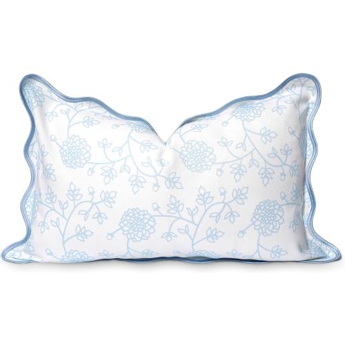 Hofdeco Premium Coastal Patio Indoor Outdoor Scalloped Lumbar Pillow Cover Only, 12x20 Water Repellent for Backyard, Couch, Baby Blue Print Dahlia Floral