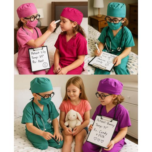 Size 120 Doctor Costume for Kids & Toddlers 9Pcs Scrubs Set for Boys & Girls Ages 3-12, Halloween, Career Day, Dress-Up Play