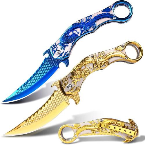 Pocket Knife for Men, Cool Folding Knife With 3D Golden Dragon Relief, Great Gift Edc Knife For Men Outdoor Survival Camping Hiking Hunting