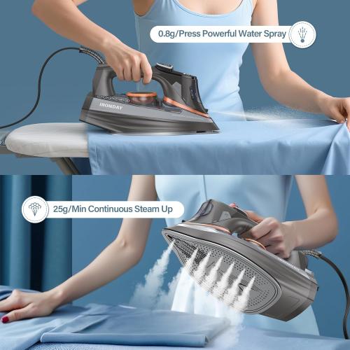 Steam Iron for Clothes with LCD Screen, 1700W Iron Non-Stick Ceramic Soleplate, Auto Shutoff, Self-Cleaning, Anti-Drip, Steam Burst, Spray Mist 10.14oz Water Tank Ironing Clothes for Home,Grey