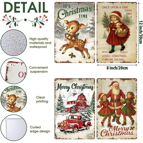 4 Pcs Vintage Christmas Wall Sign Metal Red Truck Little Girl Plaque Sign Decorations Santa Claus Elk Wall Art for Home Coffee Shop Retro Christmas Decor, 8 x 12 Inch