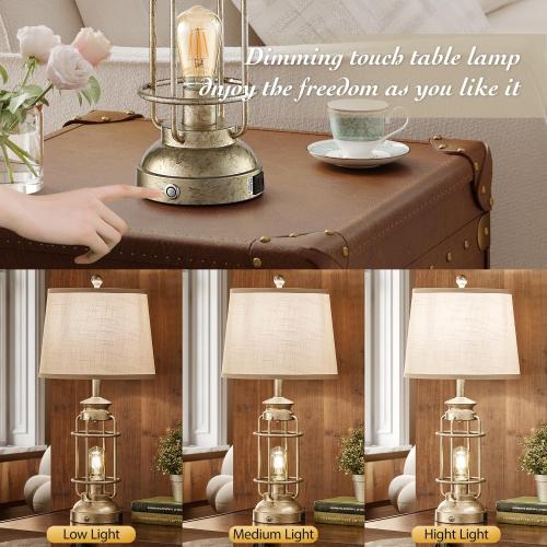 28.5 Retro Industrial Table Lamp for Living Room Bedroom Set of 2 Dimmable Touch Control Bedside Farmhouse Lamps with USB A C Charging Ports and 2 Light Sources