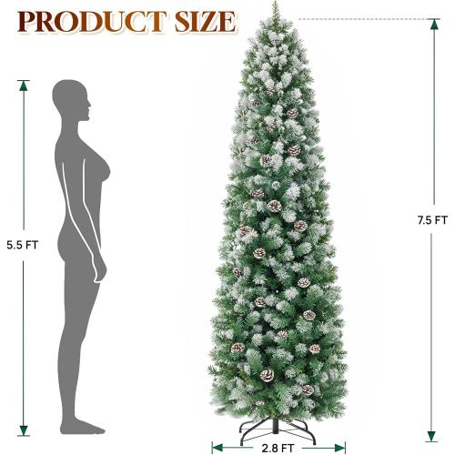 HOLLO STAR 7.5 ft Prelit Christmas Tree with 304 LED Lights, App Control, Slim Pencil Christmas Tree, Multi-Color RGBW Lights, 950 Flocked Frosted Tips, Xmas Tree, 72 Pine Cones, for Home, Party