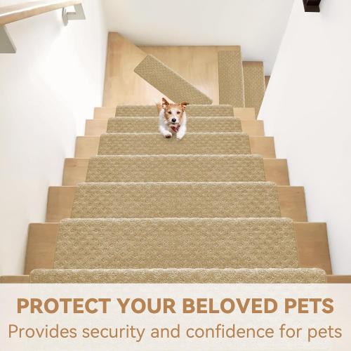 Size 9.5 x 32, Bullnose Stair Treads Non Slip 9.5 x 32, 14 Pcs Carpet Stair Treads for Wooden Steps Indoor with Edge Protection, Reusable Peel and Stick TPU Backing Stair Runner Rugs - Lattice Pattern Beige