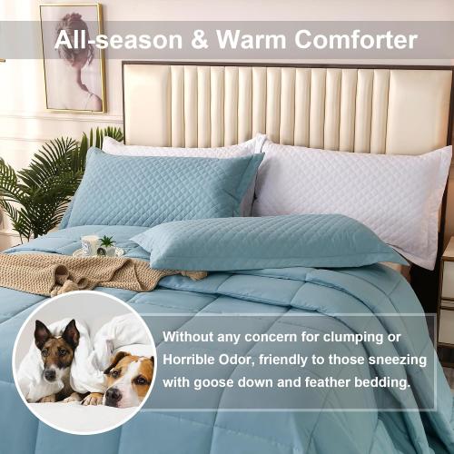 Size 128x120 Color Light Blue Oversized King Plus Comforter, Winter Warm Extra Large King Size Quilt Piece Lightweight Reversible Down Alternative Comforter for Al