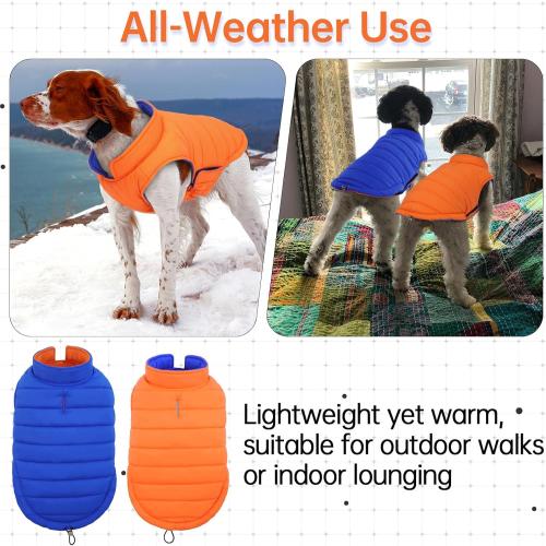 Lelepet Reversible Large Dog Coat Waterproof Dog Jacket Windproof Puffer Vest for Winter Warm Lightweight Coats for Medium Dogs Adjustbale Hook & Loop Pet Apparel with Leash Hole, French Bulldog, Orange, L