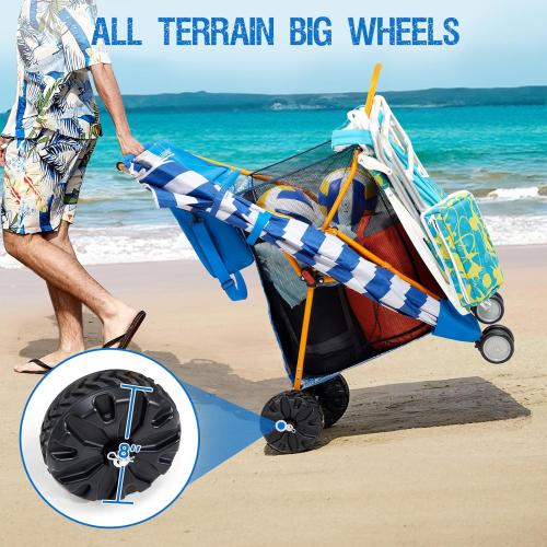 Heavy-Duty Beach Cart with 100 lbs Capacity - Foldable Beach Wagon with Removable 20L Cooler Bag, Sand Chair Holder, Umbrella Stand & Large Mesh Basket for Beach, Camping, Picnic